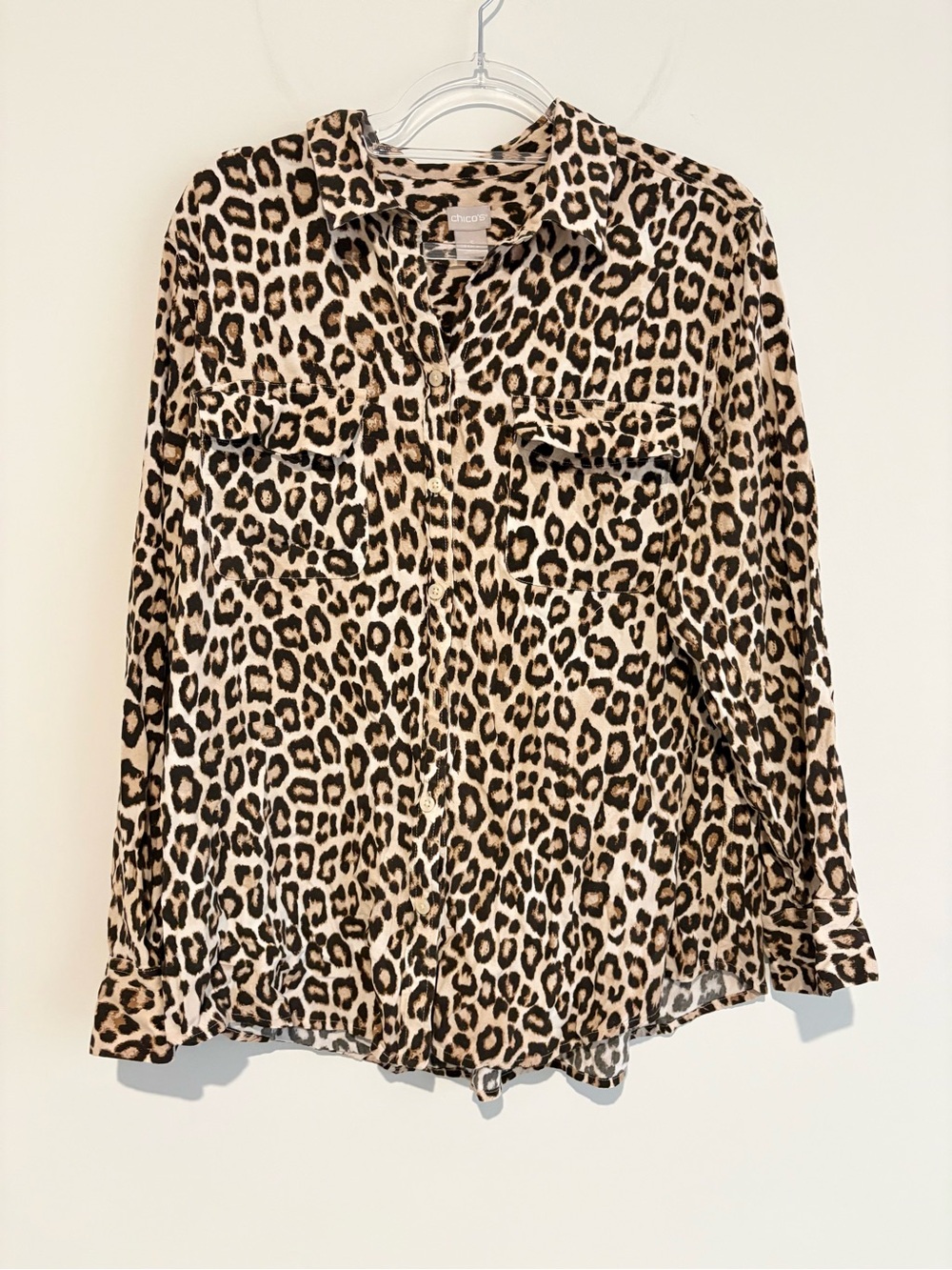 Chico’s Leopard Print Button Down Shirt Long Sleeve brown tan Size 3